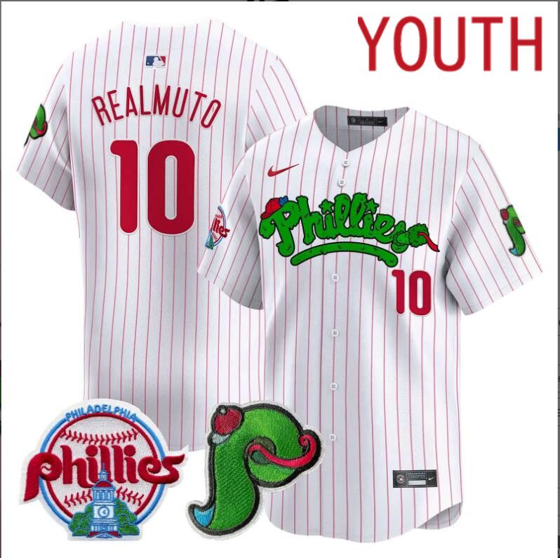 Youth Philadelphia Phillies #10 Realmuto white with red strips Limited 2024 MLB Nike jersey